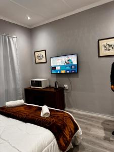 a bedroom with a bed and a flat screen tv at Mila Lodge 2 in Goodwood