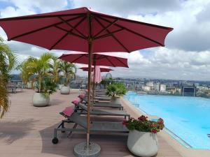 a row of chairs with umbrellas next to a swimming pool at Skynest Residences by Lisa's Paradise in Nairobi