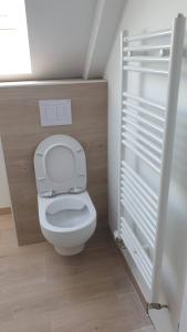 a bathroom with a white toilet in a room at STUDIO BORD DE MER LOMENER in Ploemeur