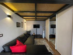 soggiorno con divano nero e cuscini rossi di Casa Giulia di Barolo a Torino