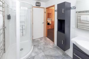 a bathroom with a shower and a sink and a toilet at Motueka Apartment in Motueka
