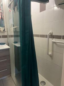 baño con ducha con cortina verde en Maison à 250 m de la plage !, en Sainte-Marie-la-Mer