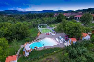 an overhead view of a pool with a tennis court at Reichau Transilvania in Răhău