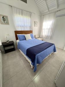 a bedroom with a bed with a blue blanket and two windows at Seaspray, St James in Saint James