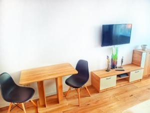 a room with two chairs and a table and a television at Studio Miruna in Piatra Neamţ
