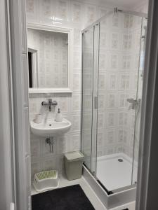 a bathroom with a shower and a sink at Apartamenty przy Skwerku in Sztutowo