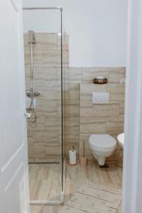Un baño con inodoro y ducha de cristal. en Vi La June, en Chimindia