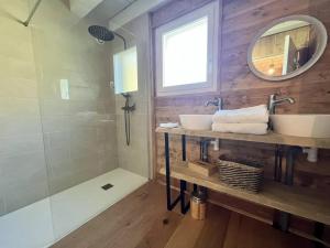 une salle de bain avec un lavabo, un miroir et une douche dans l'établissement Chalet charmant à Saint-Lary-Soulan avec cheminée, à Saint-Lary-Soulan