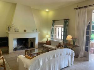 a living room with a couch and a fireplace at Villa Pratoverde con piscina in Cinquale +18 photos