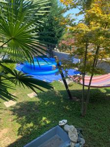 a pool with blue water in a yard with trees at Villa Kampou in Leptokarya