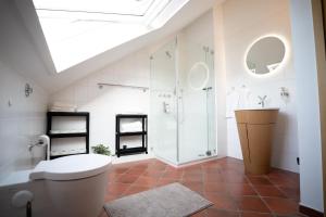 a bathroom with a toilet and a glass shower at Stilvolle Maisonette mit Charme in Bad Honnef am Rhein +17 photos
