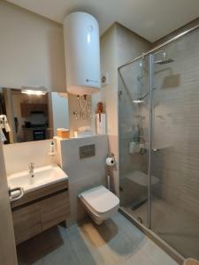 a bathroom with a shower and a toilet and a sink at Primera línea de la playa en Casablanca in Aïn Harrouda
