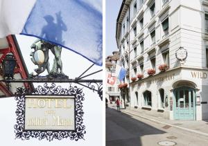 deux photos d'une rue avec un panneau d'hôtel et un bâtiment dans l'établissement Romantik Hotel Wilden Mann Luzern, à Lucerne