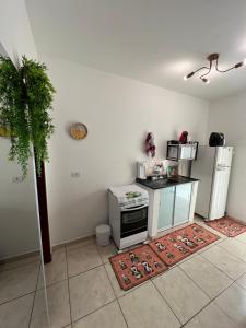 a kitchen with a stove and a refrigerator at Flat em Americana SP in Americana