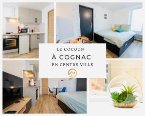 a collage of photos of a bedroom and a apartment at Le Cocoon, studio centre, wifi, stationnement in Cognac