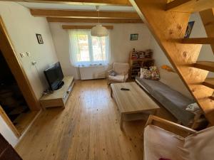 a living room with a couch and a tv at Vacation House Lunca Bradului in Lunca Bradului