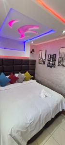 a bedroom with a large white bed with colorful pillows at Le Familial in Riffiene