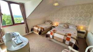 a bedroom with two beds and a sink and a window at Goldenhill Guesthouse in Omagh