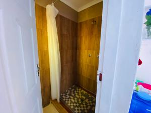 ein Bad mit einer Dusche, Fliesenboden und einer Dusche in der Unterkunft The Fern Corner Guest House 1 in Tzaneen