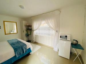 Schlafzimmer mit einem Bett und einem Fenster mit einer Mikrowelle in der Unterkunft The Fern Corner Guest House 1 in Tzaneen