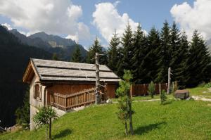 a wooden cabin on a hill in a field at Design Chalet Zirm - check-in at Olympia Hotel in Varda