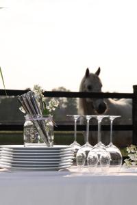 a table with wine glasses and a horse in the background at Hotel Restaurant Piärdestall Hövelhof in Hövelhof