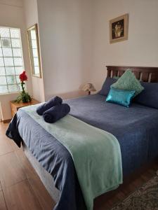 a bedroom with two beds with blue pillows on them at Eden Dunes 69 in Shelly Beach +35 photos
