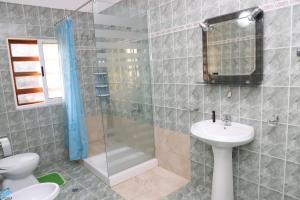 a bathroom with a shower and a sink and a toilet at Villa Elena Gorice in Berat +69 photos
