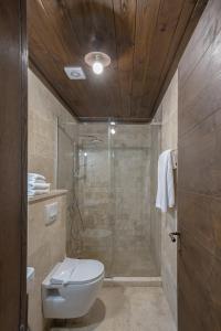 a bathroom with a shower and a toilet and a glass shower at Bistrička Čaršija in Bijelo Polje