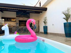 zwei rosa Flamingos im Pool in der Unterkunft Casa Temporada Rio Quente (Em frente ao Hot Park) in Rio Quente