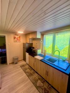 ベルヴォーにあるAppartement dans maison familialeのシンクと大きな窓のあるキッチン