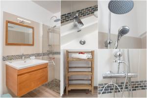 two images of a bathroom with a sink and a shower at Maison Bel Colibri - Calme, Spacieux in Quartier la Monnerot +21 photos