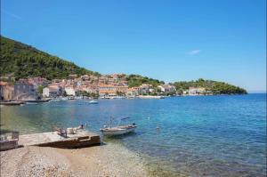 a small boat on the shore of a body of water at Apartmani Antonia in Račišće