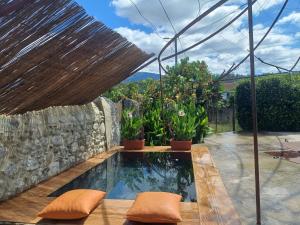 a swimming pool in a glass house with a patio at Vila Delfina in Lousã