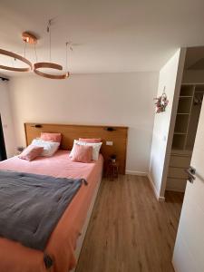 a bedroom with a large bed with pink pillows at Appartement ROSE, Aéroport ST EXUPERY, Groupama stadium, Eurexpo, LDLC Arena in Pusignan