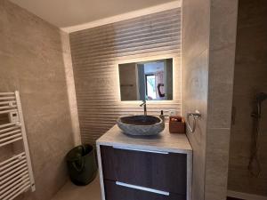 a bathroom with a sink and a mirror at Appartement ROSE, Aéroport ST EXUPERY, Groupama stadium, Eurexpo, LDLC Arena in Pusignan +17 photos