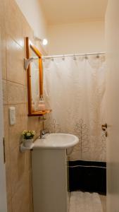a bathroom with a sink and a shower curtain at Cerro Pirámide Alojamiento in Caviahue +40 photos