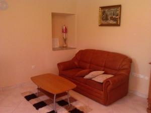 un soggiorno con divano marrone e tavolo di Große Wohnung in Gabonjin mit Eigener Terrasse a Gabonjin