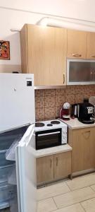 a kitchen with a microwave and a stove top oven at Thissio Hideaway Suite in Athens