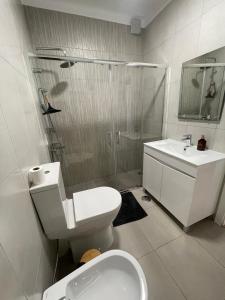 a bathroom with a toilet and a shower and a sink at Sommer Apartment in Entroncamento
