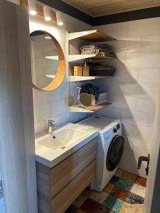 a bathroom with a sink and a washing machine at Noras Pitragā in Pitragutsiyeme