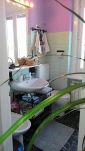 bagno con lavandino, servizi igienici e specchio di Muggia Uphill B&B a Múggia