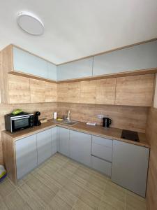 a kitchen with white cabinets and a microwave at Montis Vlasic Apartment 2 in Vlasic