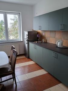 Il comprend une cuisine équipée d'un réfrigérateur, d'une table et d'une chaise. dans l'établissement Baltic Resort Marina, à Darłówko