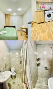 three pictures of a bathroom with a sink and a toilet at Park flat in Borjomi