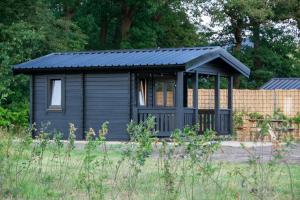 a black tiny house with a solar roof at Holiday Hut in Bornerbroek