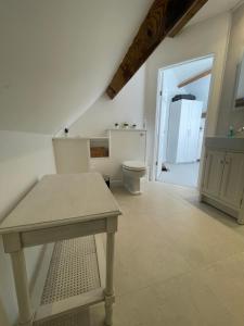 a bathroom with a toilet and a table in it at Cosy flat in Ampney Crucis in Ampney Crucis