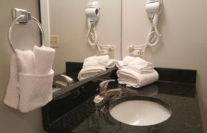 een badkamer met een wastafel, een spiegel en handdoeken bij Affordable Suites of America Portage in Portage +17 foto's