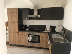 a kitchen with wooden cabinets and a sink and a stove at Appartement AltstadtLiebe in Weitra