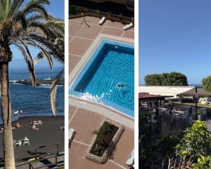 ein Resort mit einer Palme und einem Pool in der Unterkunft Apartamento con Vista al mar y piscina en Puerto Santiago Tenerife in Puerto de Santiago